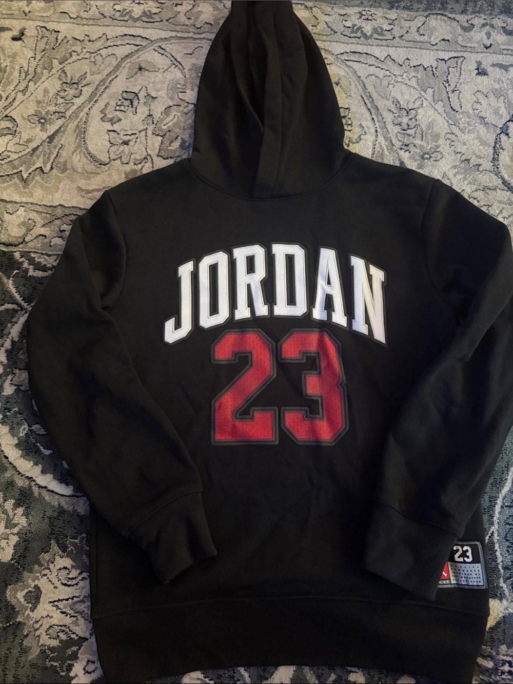 Jordan Black Pullover Hoodie with Red 23 and White Logo kids medium 10-12